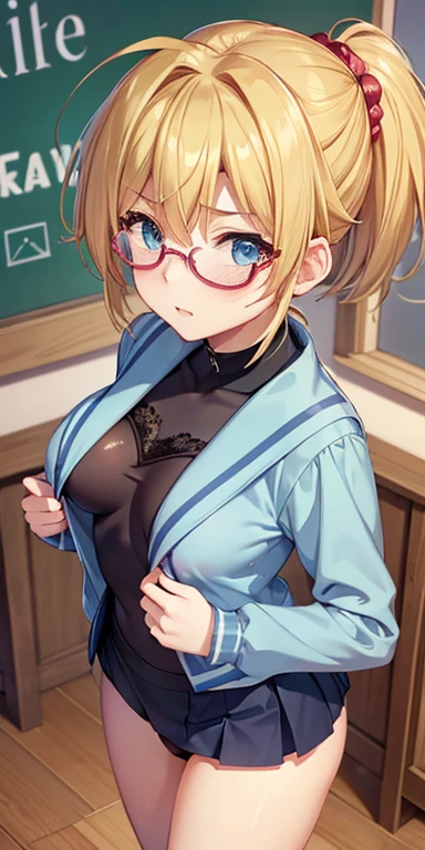 One female、blonde Medium Hair、Huge 、Plump Beautiful feet、Butt、watch、pearl necklace、Navy blue blazer Fluffy white blouse、leopard print bra、yellow Leopard print tight skirt、garter belt Fishnet tights、Blue T-back Lace pattern、Sit on a chair Touching glasses、In a school classroom blackboard、Embarrassed face、Date glasses