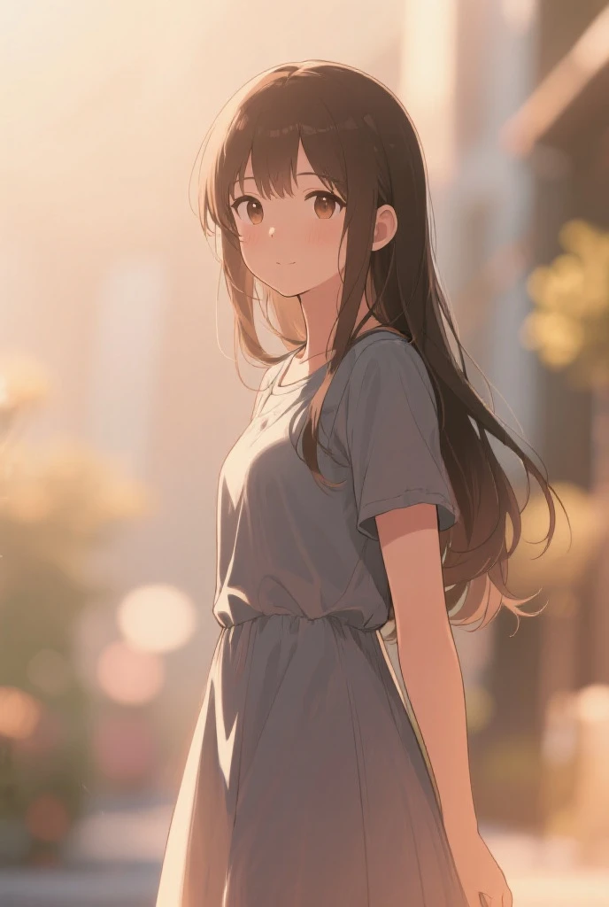 girl,cute,cute,From above,Chest to head,looking at the camera,smile,Embarrassing,Straight hair,Long Hair,Black Hair,morning,sunny,Big Pictures,Light shines in,Floral Print Dress,Are standing,garden,Place your hands behind your back,look back