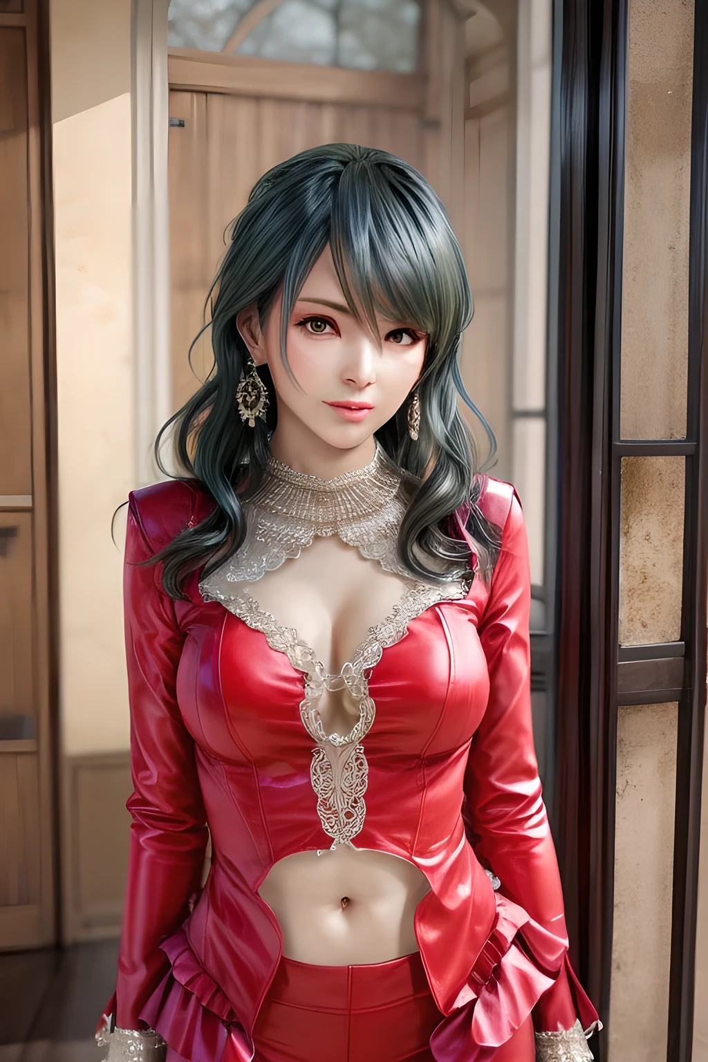 1 girl,lean over WINK, (Wearing Jewel:1.2) ,( red lace_coat),(Fluffs :1.2),（mother-of-pearl chain:1.4), garden,nighttime,moon,( huge breasts:1.1),cleavage,shiny skin,lip gloss,tattoos, masterpiece, best quality, realistic ,Surrealism,Rich artistic colors,natural colors art in 8k,3D,Portrait art,solo, tamaki