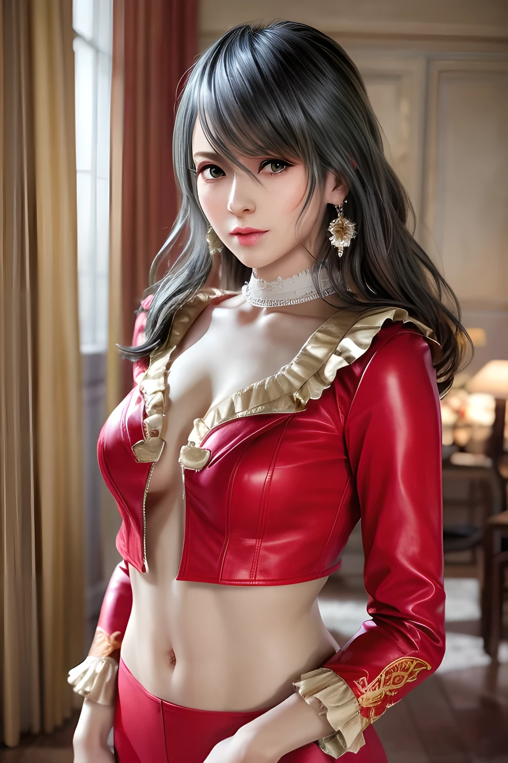1 girl,lean over WINK,(Wearing Wedding Dress:1.2) ,(Wearing Jewel:1.2) ,( red lace_coat:1.3),(Fluffs :1.4),(pearl bodychain:1.3),garden,nighttime,moon,( huge breasts ),cleavage,shiny skin,lip gloss,tattoos, masterpiece, best quality, realistic ,Surrealism,Rich artistic colors,natural colors art in 8k,3D,Portrait art,solo, tamaki