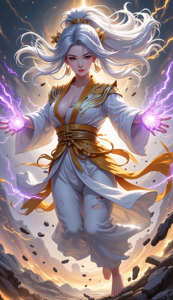 A beautiful and sexy warrior with long white hair and bright purple eyes wearing a white kimono with gold details in the Mortal Kombat 11 style