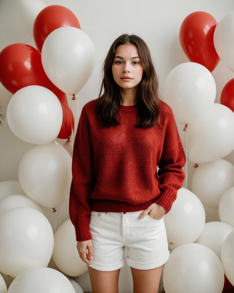 fashion portrait photo of beautiful young woman from the 60s wearing a red turtleneck standing in the middle of a ton of white balloons, taken on a hasselblad medium format camera