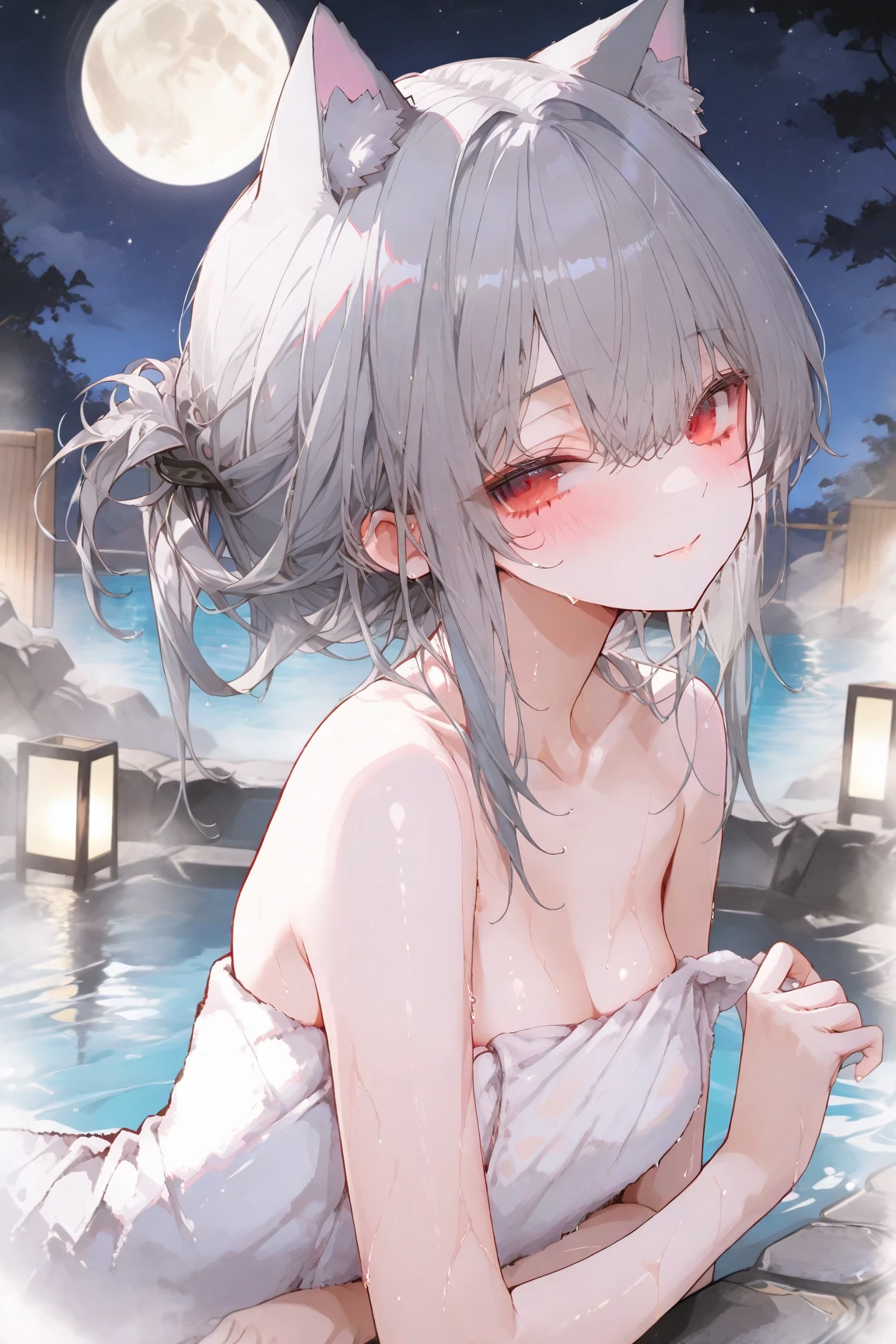 snow hot spring、Outdoor、Perfect Style、Morning Glow、Romantic Sceneasterpiece、High definition、woman、wrapped in a bath towel, Age 25、Staring at me intently、Blushed expression、Soaking in hot water、steam、Crystal clear hot water、(nsfw:1.3)、Pink nipples、Small areola、