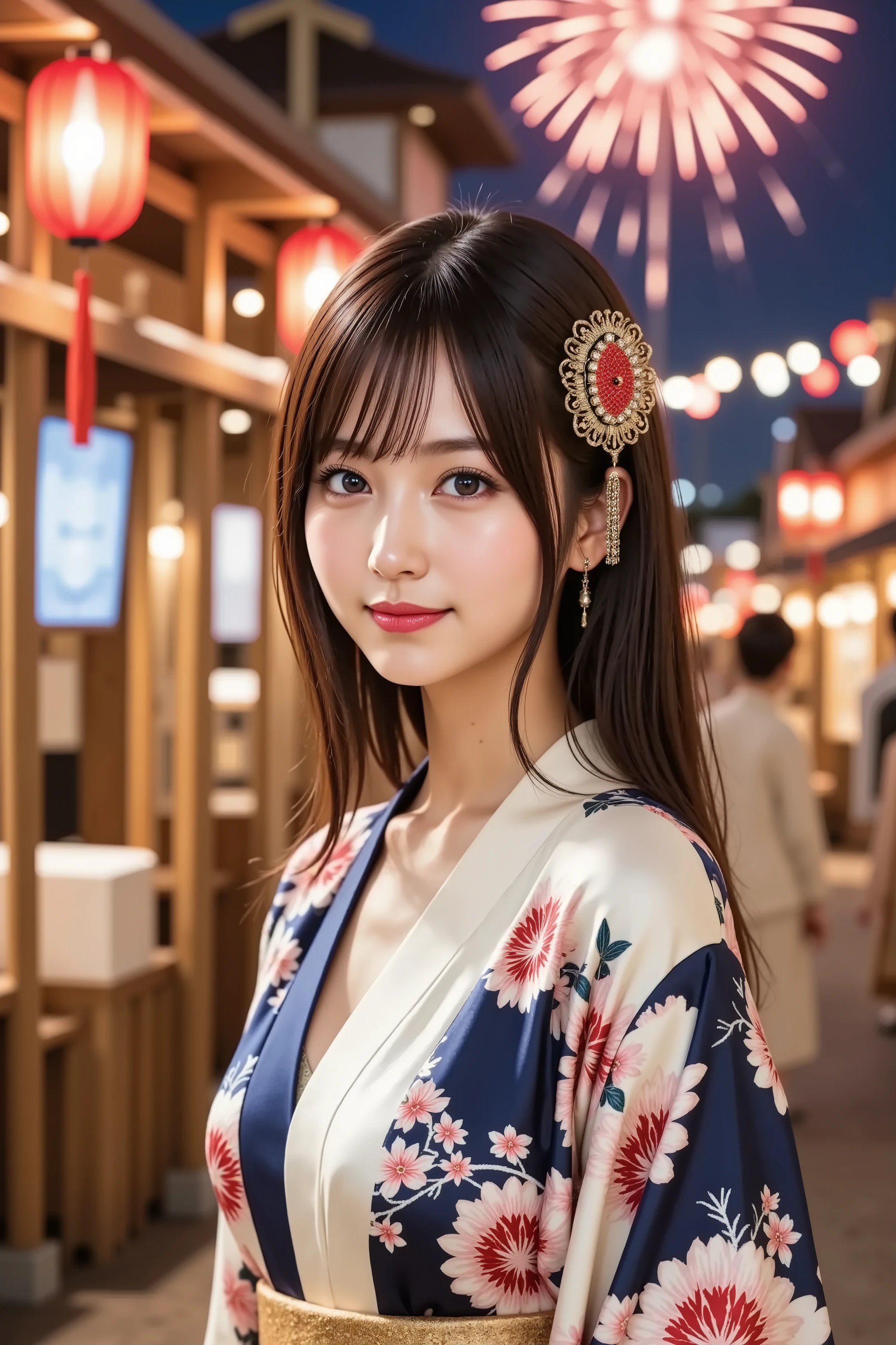 firm and big breasts, cleavage, A realistic photographic composition framed from just below the shoulders of a female subject wearing a traditional Japanese furisode kimono in an outdoor summer festival setting, ensuring her entire head is fully visible within the frame without any cropping at the top. She wears a silk furisode with long flowing sleeves decorated with intricate chrysanthemum motifs in red, white, and gold threads on a deep indigo background, the fabric showing fine satin weave and gentle sheen. The kimono is secured with a wide obi belt featuring a geometric gold and silver brocade pattern tied in a decorative drum knot at the back and accented with a ruffled silk obiage. Her hair is gathered into a neat updo secured with a lacquered kanzashi hairpin featuring metal cherry blossom petals and dangling silk tassels, fully included in the frame. Behind her, the background shows softly blurred summer festival stalls with glowing red and white paper lanterns strung from bamboo poles, wooden food stands, and colorful noren curtains. Vibrant fireworks burst in the night sky in chrysanthemum and willow shapes with trailing sparks, softly out of focus due to a shallow depth of field created with an 85 mm equivalent prime lens at f/2.2 on a full-frame sensor, producing smooth circular bokeh highlights. The firework light and lantern glow cast gentle highlights across the silk and metal surfaces, creating natural shadows and subtle reflections on the kimono embroidery and kanzashi. The composition is captured at eye level to preserve realistic perspective and proportions, with neutral white point calibration rendering indigo, gold, and red tones faithfully, preserving dynamic range with smooth highlight rolloff and shadow detail. just below the shoulders