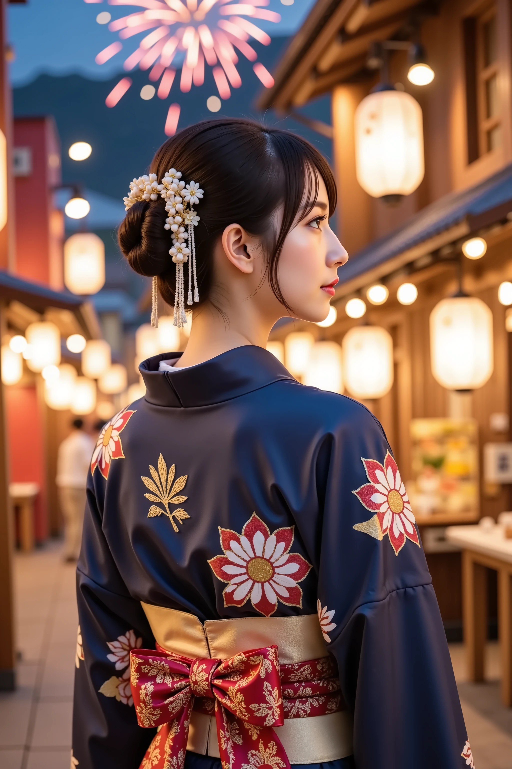 firm and big breasts, cleavage, A realistic photographic composition framed from just below the shoulders of a female subject wearing a traditional Japanese furisode kimono in an outdoor summer festival setting, ensuring her entire head is fully visible within the frame without any cropping at the top. She wears a silk furisode with long flowing sleeves decorated with intricate chrysanthemum motifs in red, white, and gold threads on a deep indigo background, the fabric showing fine satin weave and gentle sheen. The kimono is secured with a wide obi belt featuring a geometric gold and silver brocade pattern tied in a decorative drum knot at the back and accented with a ruffled silk obiage. Her hair is gathered into a neat updo secured with a lacquered kanzashi hairpin featuring metal cherry blossom petals and dangling silk tassels, fully included in the frame. Behind her, the background shows softly blurred summer festival stalls with glowing red and white paper lanterns strung from bamboo poles, wooden food stands, and colorful noren curtains. Vibrant fireworks burst in the night sky in chrysanthemum and willow shapes with trailing sparks, softly out of focus due to a shallow depth of field created with an 85 mm equivalent prime lens at f/2.2 on a full-frame sensor, producing smooth circular bokeh highlights. The firework light and lantern glow cast gentle highlights across the silk and metal surfaces, creating natural shadows and subtle reflections on the kimono embroidery and kanzashi. The composition is captured at eye level to preserve realistic perspective and proportions, with neutral white point calibration rendering indigo, gold, and red tones faithfully, preserving dynamic range with smooth highlight rolloff and shadow detail. just below the shoulders