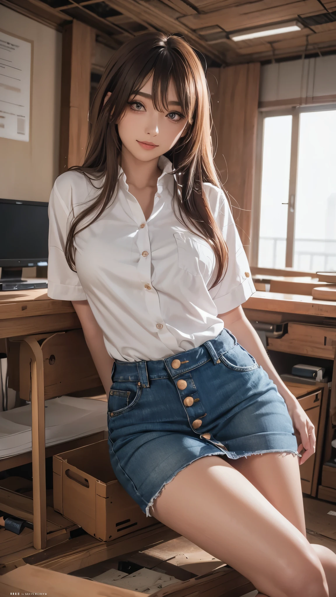 (8k,RAW Photos、RAW Photos、highest quality、Masterpiece:1.2)、Very detailed、Super Resolution、(Photorealistic:1.3)、((Cowboys photographed from below:1.4))、Clear depiction of light and shadow、High-resolution RAW color photos、Professional photos、((sitting in a chair in the study room:1.4))、((A high school girl making a phone call on her smartphone:1.4))、Draw faithfully to anatomy、((Slim woman:1.4))、Very detailed and beautiful、super high quality、((Girls with very short hair:1.4))、((A girl wearing a white short-sleeved dress shirt:1.4))、((A woman wearing a denim miniskirt that accentuates her thighs.:1.4))、((White panties are visible:1.4))、((Girl holding smartphone to her ear:1.4))、((smile:1.4))、