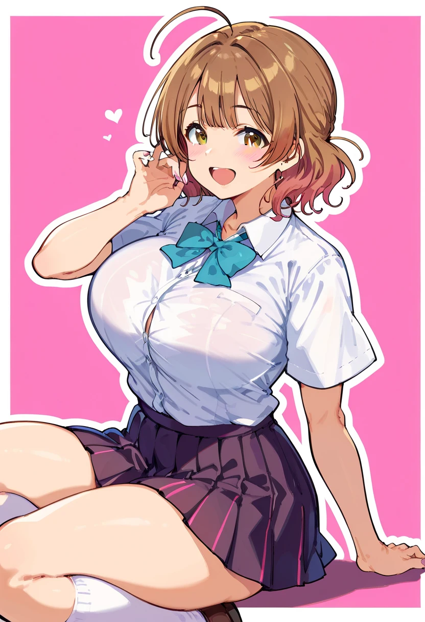 Anime Style, Big Lips, For Chestnuts, pinkの目, Japanese Face, Improve, The lower lip is plump and shiny, Both sides up, Brown Hair, hugeな胸, Wide Hips, sexy, pinkのテーマ, cute, be familiar with, pink room, To decorate, hit, Improve outfit, cute, Schoolgirl Pleated Skirt, Knee-high socks, Panties with heart pattern,Neckline, hugeなおっぱい, huge , Dynamic pose, Dynamic Angle, Wicked Smile, From the back, Big Ass 正面から, Big Ass, pink