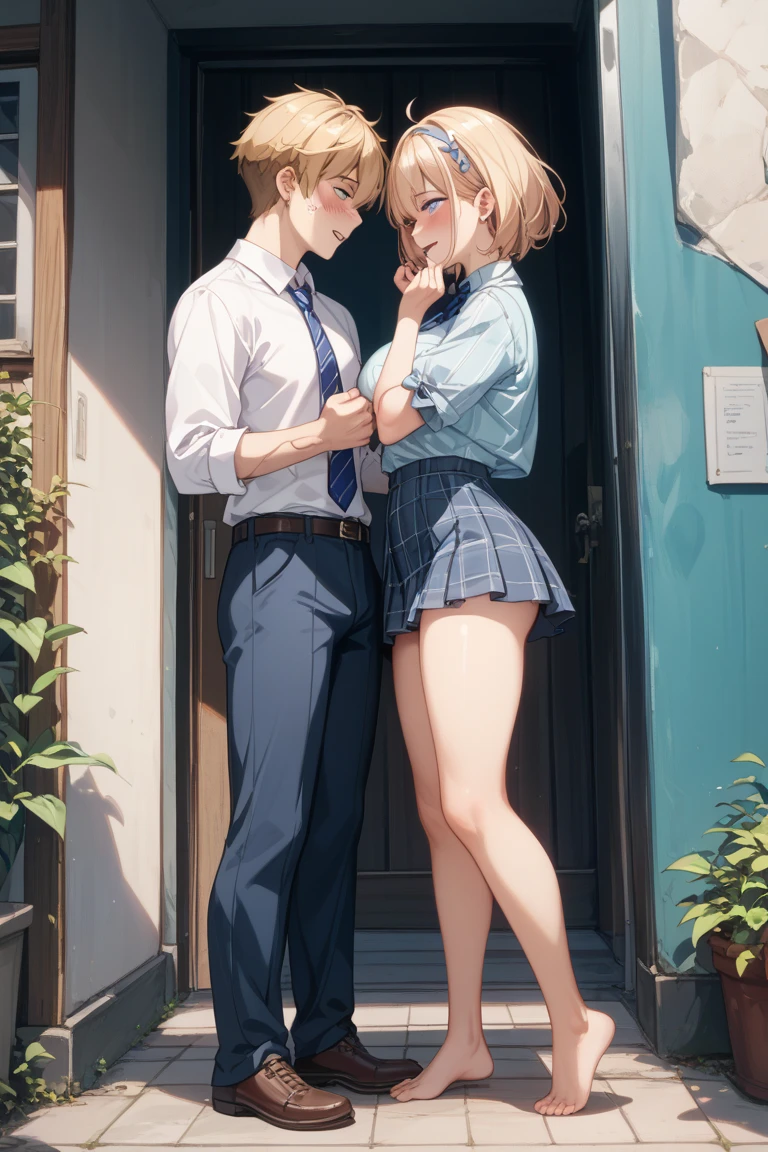 1girl,Leaning against a sturdy surface with legs spread, partner standing.,, score_9, score_8_up, score_7_up, source_anime,