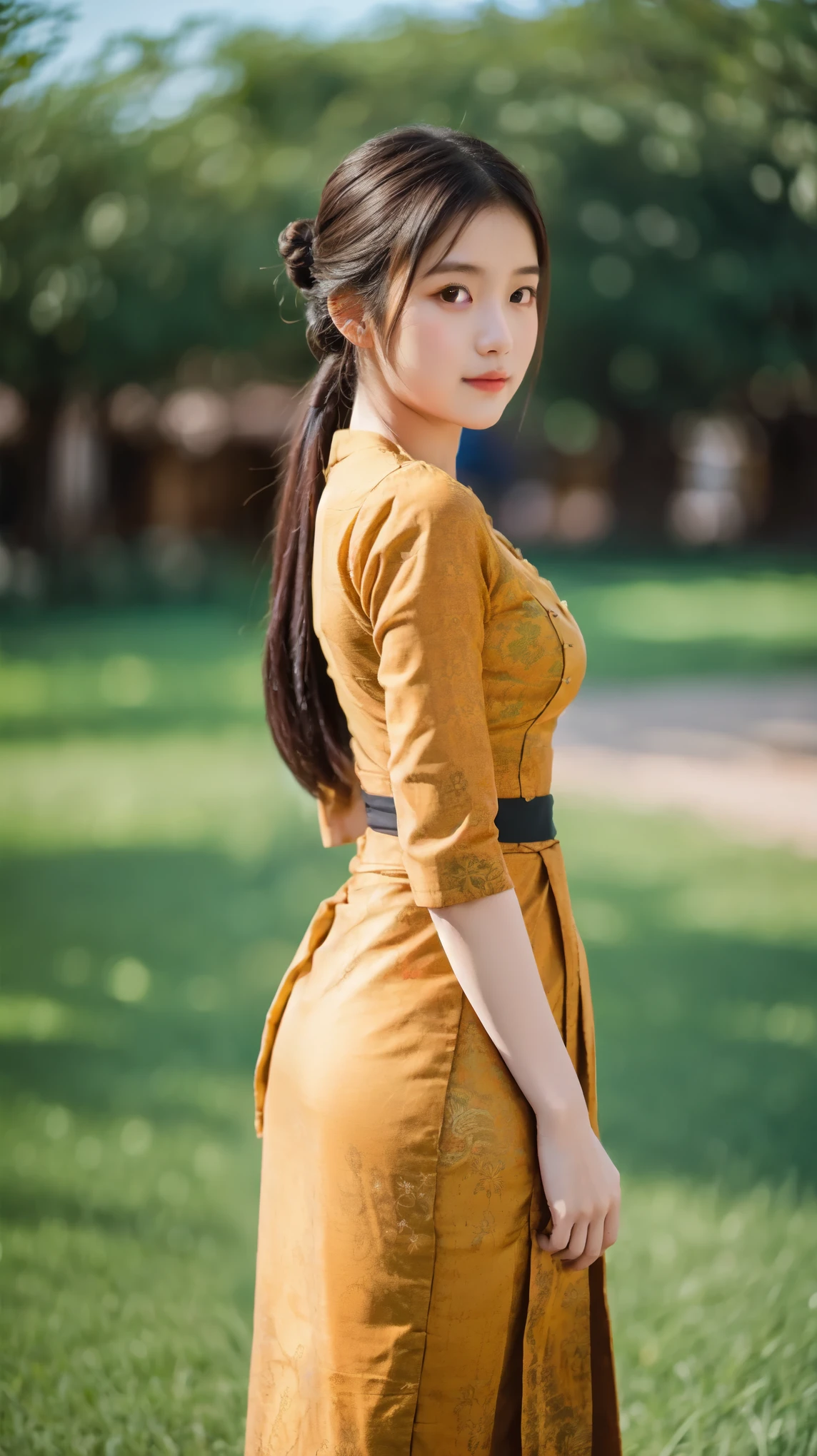 1 girl, hair bun, beautiful girl, mmTD burmese patterned traditional dress, yellow dress, outdoor, perfect light, masterpiece, best quality, ultra detailed, cinematic feels, looking at the viewer, 8k, RAW photo, realistic, photo realistic, intricately detailed, UHD, full HD, ultra resolution