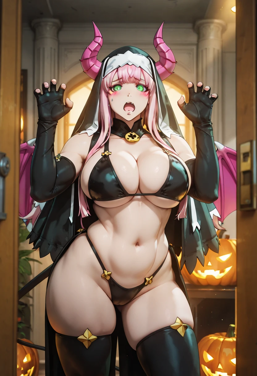 Ninja girl, cleopatra hair, pink hair, ponytail hair, huge breasts, huge ass, fair skin, fishnets, white ninja outfit, oni horns and blue eyes.