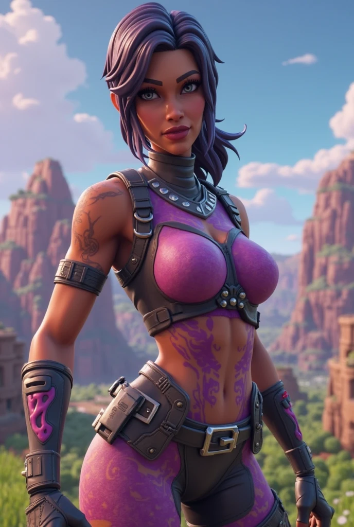 1 girl, Sombra from overwatch, (dark skin female:1.3), naked, medium breasts, sweating a lot, black eyes, upper body, confident, looking at viewer, tongue out, pistol in hand, pointing at viewer, forest background