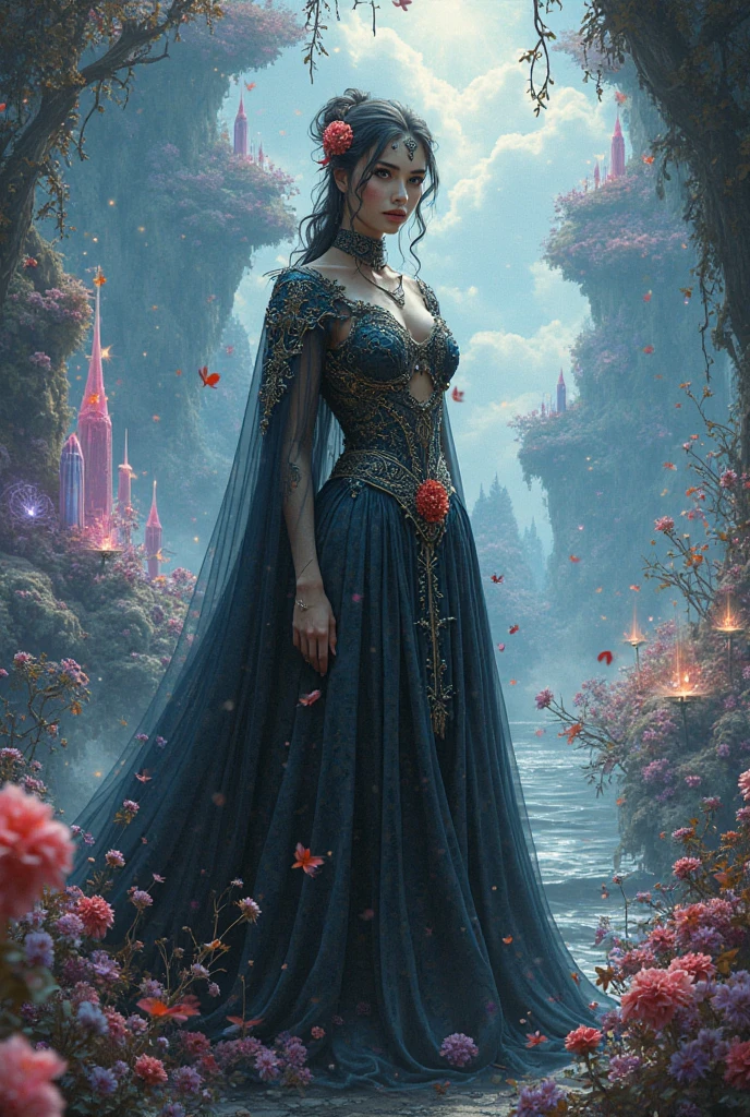 Una mujer orgullosa, Cara detallada,labio hinchado, textura realista de la piel, vestido en los pliegues de un deslumbrante (French silk dress,Volantes, Pistas, y arcos, hand-embroidered bodice. ), realista, (((fantasy))), arte, Garden of frozen roses, Castillo de hielo encantado, invierno, (many shades of cool blue colors), (Nevando:1.3), Arte de Artgerm y Ruan Jia , HDR, , y antecedentes interesantes