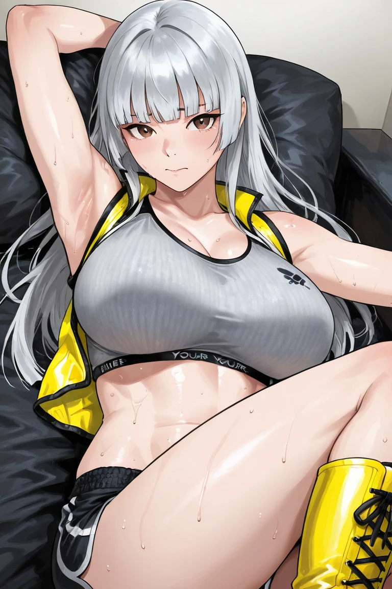 Shot from below、Standing with your legs apart、Standing with feet shoulder-width apart、Cute girl、highest quality、Ultra - High resolution、High resolution、Highly detailed CG、8k unit wallpaper、18-year-old、Careful and gentle eyes,Delicate and beautiful smile、Platinum Blonde Hair、Asymmetrical Hair、((( Dark Skin:1.5)))、(Shiny body,:1.5)、rabbit ears、(((loose socks、big breasts))) 、(Orange motocross jacket with green details, Biker clothes. Detailed design)Double Peace 、Shorts