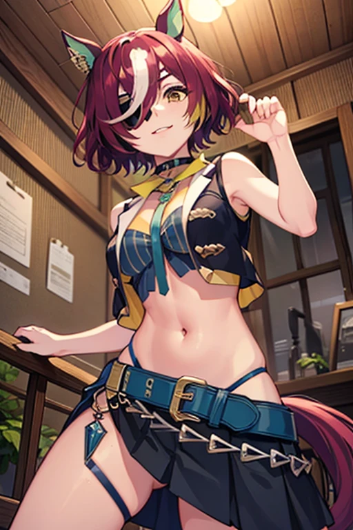 masterpiece, best quality, highres, aamika, ponytail, hair bow, , standing, cowboy shot, outdoors, hands on hips, ,wink,bikini,open mouth,tongue