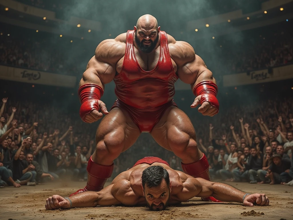 "Create an electrifying HD wallpaper that depicts an intense battle between Zangief and Godzilla. Highlight the immense strength and determination of Zangief as he prepares to grapple with the towering, ferocious Godzilla. Zangief, with his muscular physique and iconic red wrestling gear, should be mid-motion, about to execute a powerful wrestling move. Godzilla, colossal and menacing, should be roaring, with his atomic breath charging up, ready to strike. The backdrop should be a city in ruins, with debris flying and buildings crumbling, emphasizing the epic scale of their clash. Use vibrant colors, dramatic lighting, and detailed textures to bring this action-packed scene to life, capturing the sheer intensity and chaos of their encounter."
