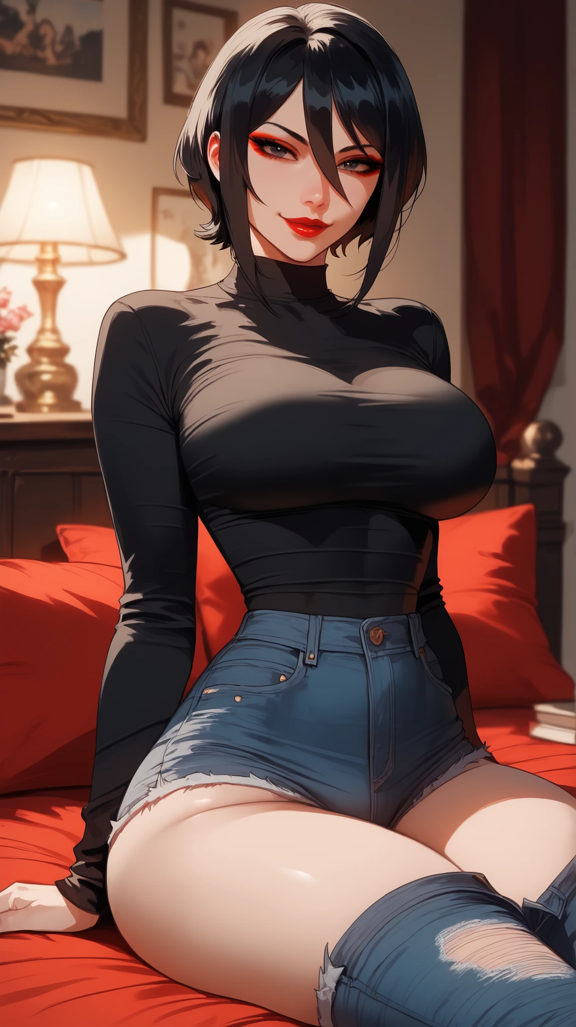 Fubuki from One Punch Man, masterpiece, best quality, 8K, UHD, ultra detailed, ,sexy pose, full body ,beatiful eyes, beatiful hair, wearing black thight jeans , wearing black bra, wearing high heels, sexy leg, sexy boobs, in home
