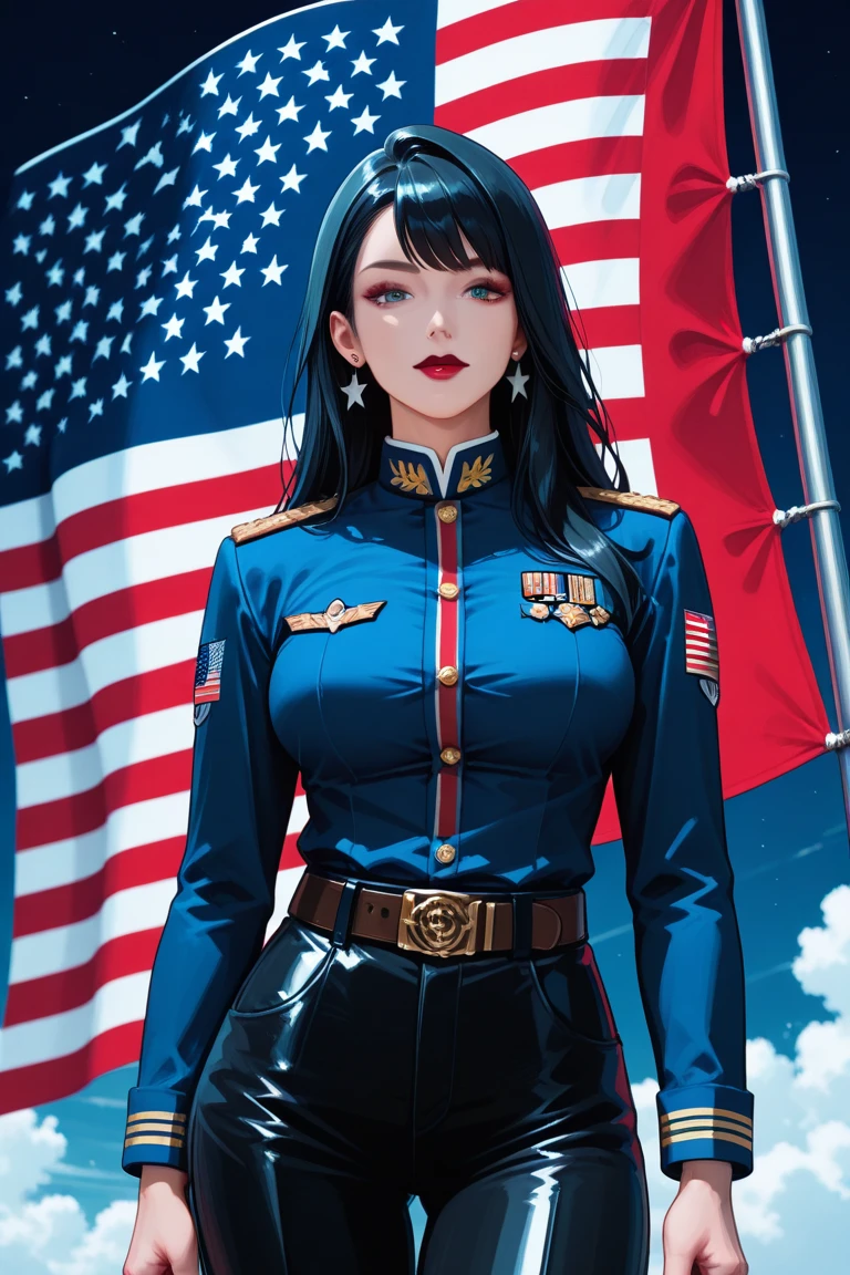 Woman dressed in US flag with perfume in hand