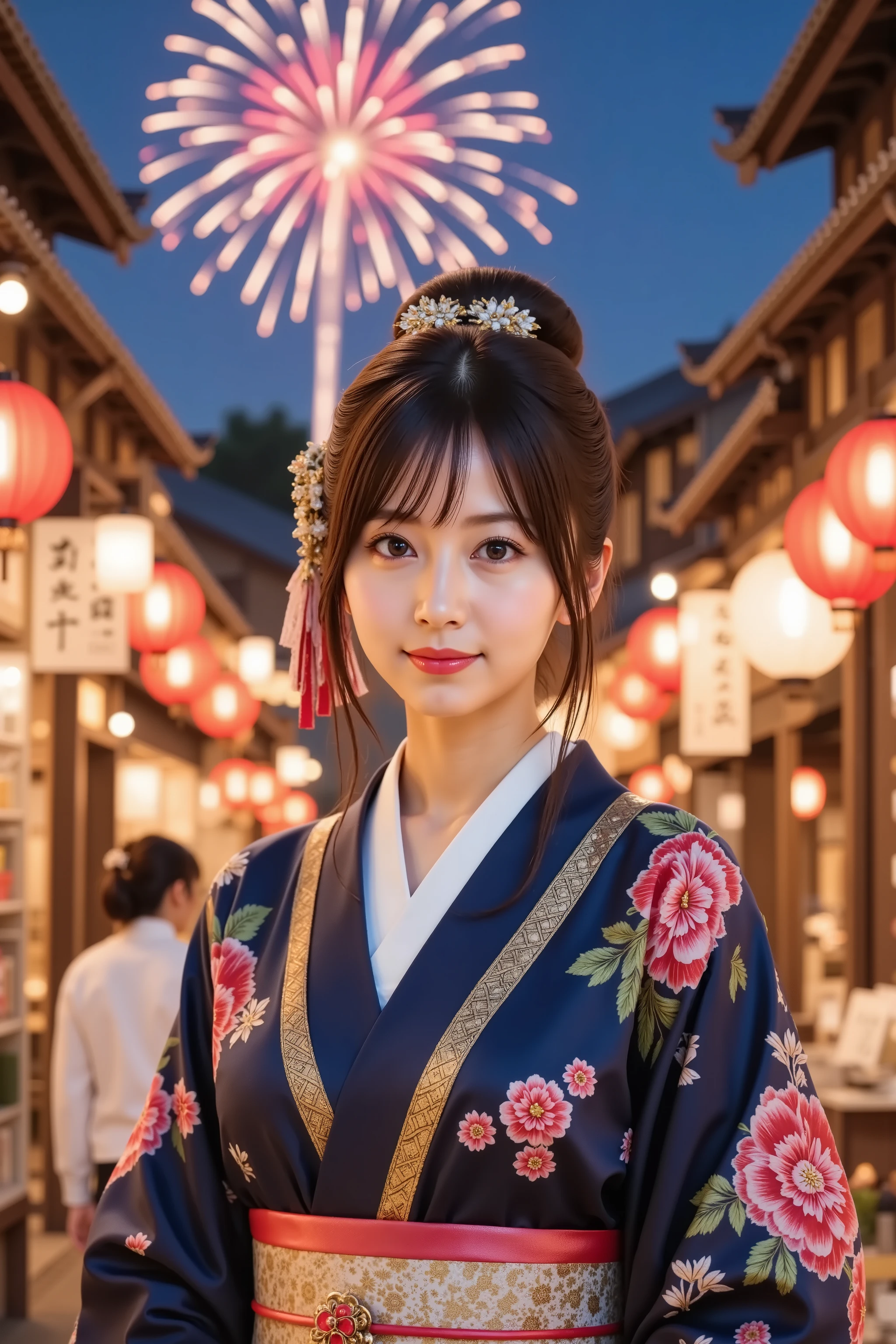 firm and big breasts, cleavage, A realistic photographic composition framed from just below the shoulders of a female subject wearing a traditional Japanese furisode kimono in an outdoor summer festival setting, ensuring her entire head is fully visible within the frame without any cropping at the top. She wears a silk furisode with long flowing sleeves decorated with intricate chrysanthemum motifs in red, white, and gold threads on a deep indigo background, the fabric showing fine satin weave and gentle sheen. The kimono is secured with a wide obi belt featuring a geometric gold and silver brocade pattern tied in a decorative drum knot at the back and accented with a ruffled silk obiage. Her hair is gathered into a neat updo secured with a lacquered kanzashi hairpin featuring metal cherry blossom petals and dangling silk tassels, fully included in the frame. Behind her, the background shows softly blurred summer festival stalls with glowing red and white paper lanterns strung from bamboo poles, wooden food stands, and colorful noren curtains. Vibrant fireworks burst in the night sky in chrysanthemum and willow shapes with trailing sparks, softly out of focus due to a shallow depth of field created with an 85 mm equivalent prime lens at f/2.2 on a full-frame sensor, producing smooth circular bokeh highlights. The firework light and lantern glow cast gentle highlights across the silk and metal surfaces, creating natural shadows and subtle reflections on the kimono embroidery and kanzashi. The composition is captured at eye level to preserve realistic perspective and proportions, with neutral white point calibration rendering indigo, gold, and red tones faithfully, preserving dynamic range with smooth highlight rolloff and shadow detail. just below the shoulders