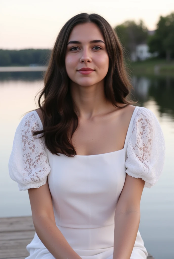 her name is Amelie, high quality, 1girl, ((25-year-old fit Caucasian woman)), ((25 years old)), ((BODY TYPE: HOURGLASS)), ((Space Buns HAIR)), SMILING, pose: STANDING, wearing IN DEMAND FANCY Generation-Z modern wear VARIETY colored, BACKGROUND:"Cruising on the serene lake surrounded by towering mountains and charming Swiss villages."