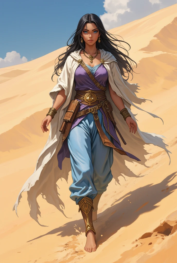 Extremely gorgeous, stunning beauty, beautiful and dangerous desert princess holding two arabic swords in hands, standing in dynamic action pose, delicate but strong, long straight black hair and blue eyes, light arabic tunic, detailed ornates, immersive background of deserts dunes