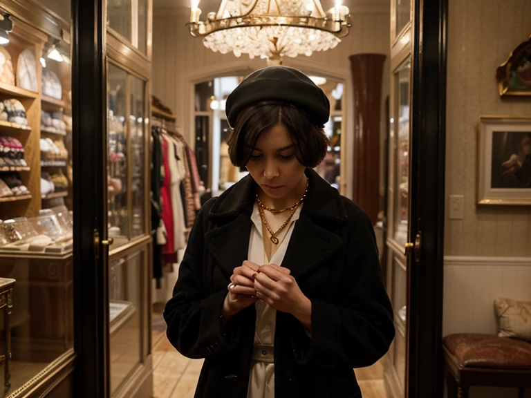 Salamanca, 1936. A young ((((15-year-old)) Agnes)), in a candy shop, looking away, ((((clothings from the 1930s)))), ((hairstyle of the 1930s))