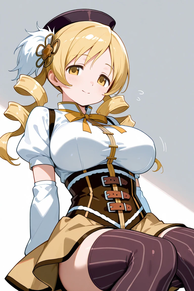 mami tomoe, blonde hair, Twin drill hair, yellow eyes, , 1girl ,live stage, Big Breasts, school uniform solo face up
