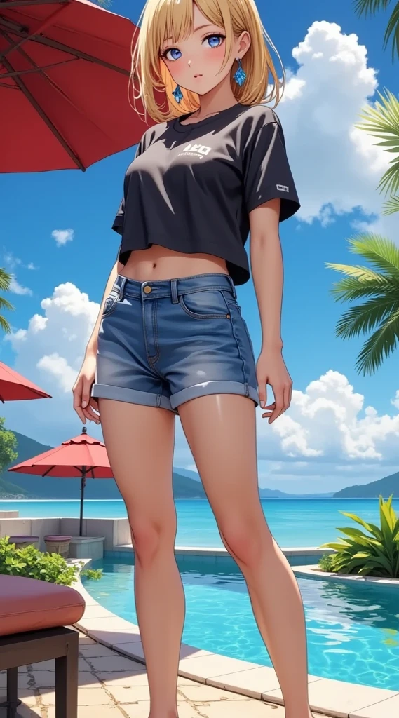 nami, sexy, at beach, one piece, hair in a bun, white crop top low cut long sleeve shirt, brown short shorts, white socks with sandals, photorealistic 1:4, orange hair