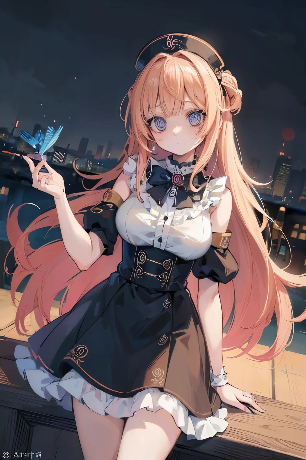 (masutepiece:1.3), (8K, Photorealistic, Raw photo, Best Quality: 1.4), Beautiful face, (Realistic face), Beautiful detailed eyes, (Realistic skin), Attractive, Intricate details,Golden ratio, 1 girl,Naughty smile, (rainbow hair:1.4),((Long twintails,Ribbon 1.4)),Gothic Lolita Fashion,(Blue butterfly hair ornament),off shoulders,Dynamic Pose,Dynamic Angle,Intricate details, Hyper realistic, Perfect Anatomy、natta、The starry sky is beautiful