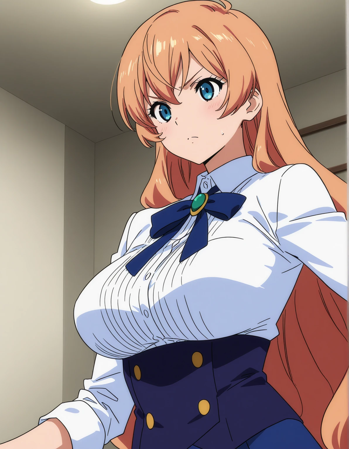 best quality, high resolution, 8K, anime art style, beautiful detailed eyes, extremely detailed face, soft expression, stylish pose, Angelica V4,1girl,solo,red eyes, (collared shirt, white shirt, miniskirt, panties,classroom, cowboy shot), looking at the audience, in the center of the image, beautiful large medium-sized breasts, beautiful face, slim waist, appealing, soft lighting,Crossing your legs, Sitting,tights
