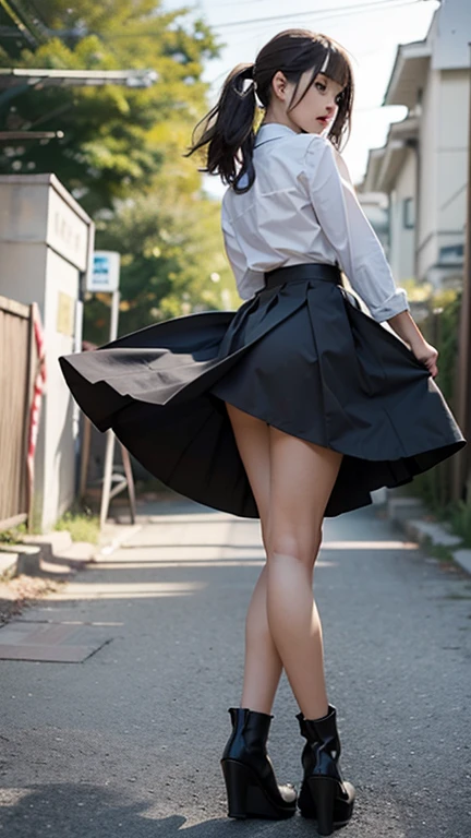 one woman,wonderful,階段をwonderfulる ,Super detailed, advanced details、(windy panty shot),(lace panties)、beautiful feet、show the whole body、(long skirt、Fluttering skirt)、Rear view、Look back here、Be surprised、beautiful feet、(Beautiful woman、smile、medium bob、close your eyes)