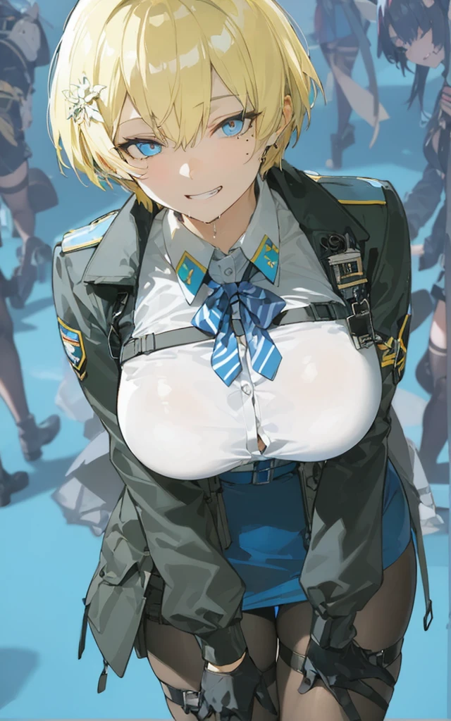 (Highest quality、Masterpiece、Very detailed、4K)、One woman、Big Breasts、17 years old、uniform、((Confident々))、smile、((Angle from below))、No panties