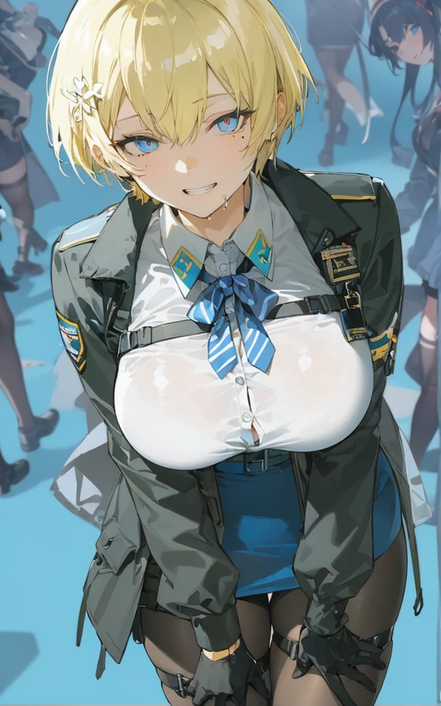 highest quality、Best image quality、masterpiece、One Girl、26 years old、Best Bust、Big Breasts、Beautiful Eyes、blonde hair, Green Eyes、Side Pony、panties、topless, blush、Nipples、Inside the plane、stewardess uniform, ((1 boy)), fellatio, penis, sweat, blush, narrow eyes,