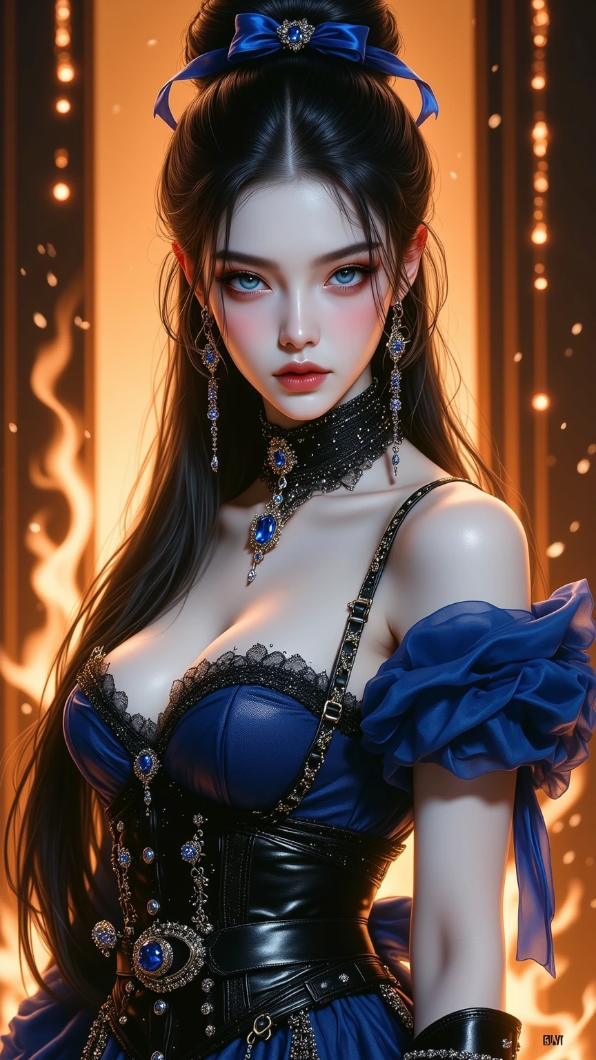 Sexy woman, long black luscious hair, amazing makeup, blue dress with silver embroidery