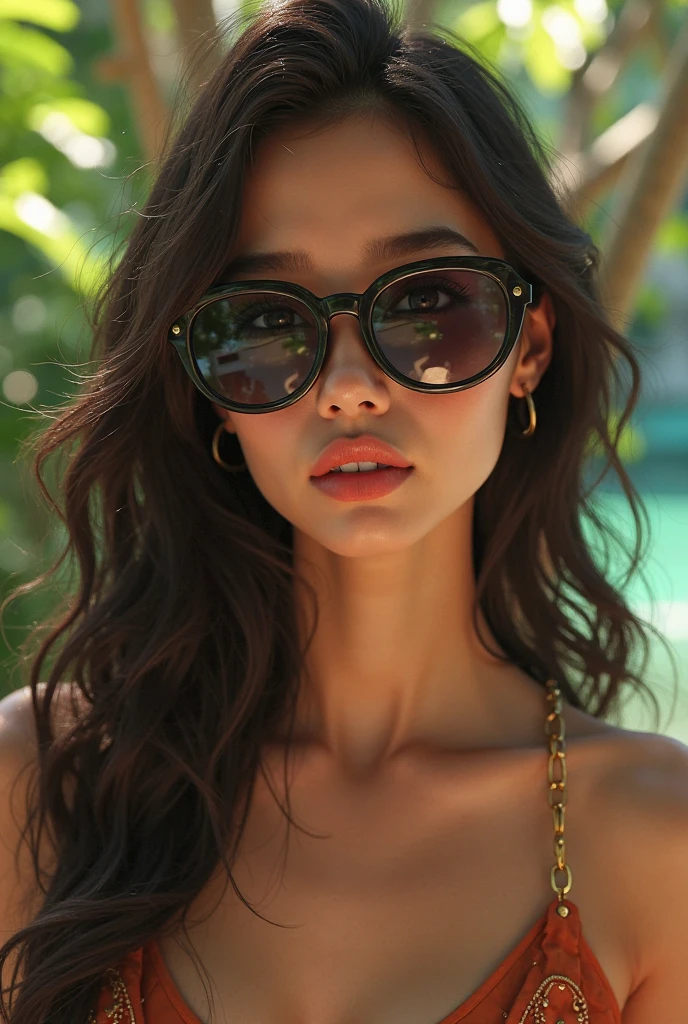 (masterpiece, best quality, 8k wallpaper, high resolution, ultra-realistic), alone, one person, 1970s pop culture anime style,, one girl, 20 years old, Japanese with afro hair (masterpiece:1.2, best quality), (realistic, photorealistic:1.4),"(masterpiece, best quality), afro hair, looking at viewer, wearing sunglasses, swimsuit, cleavage, D cup, sexy pose, dynamic pose, full body, white skin, black hair, looking forward, laughing, psychedelic, 1970s sunglasses,