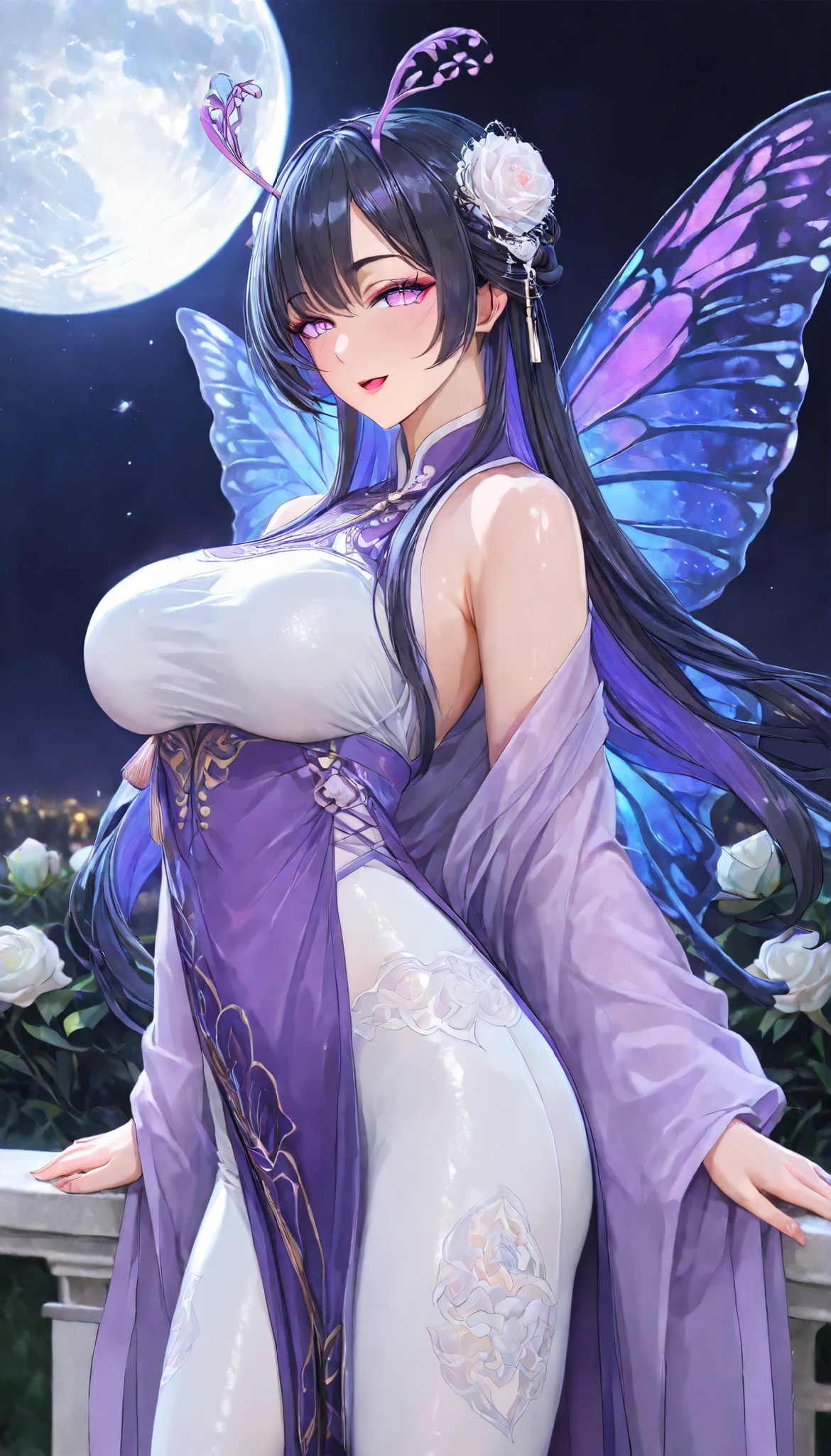 SOLO, A Butterfly Female ,slim body ,Medium oppai, Shiny skin, (multicolored hair, long hair), A pair of Butterfly antennae, purple insect eye,red slit pupils, A pairs of Butterfly wings, Wearing A Purple Vibrant Chinese Hanfu with Butterfly characteristics(Sleeveless Cheongsam type),White Silk pantyhose, In the White Rose Garden(Chinese classical garden), butterfly scale powder, Torogao, seductive smile, Outside, Midnight,Full moon, UHD, anatomically correct, masterpiece, textured skin, high details, highres, 1080P, 16k, accurate,Beautiful face, Perfect face, Highly detailed beautiful face and eyes, Attractive face, Detailed face, Delicate facial features, Detailed skin,Cowboy shot