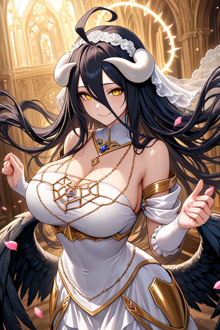 ​masterpiece, top-quality, hight resolution, AL1, demonic horns, Slit pupil, white glove, robe blanche, bare shoulders​, Detached collar, cleavage of the breast, Black wings, Feathered wings, low wings, cowboy  shot, is standing, a smile, dungeon, evil smile,Isekai Quartet、2 head body、Deformed