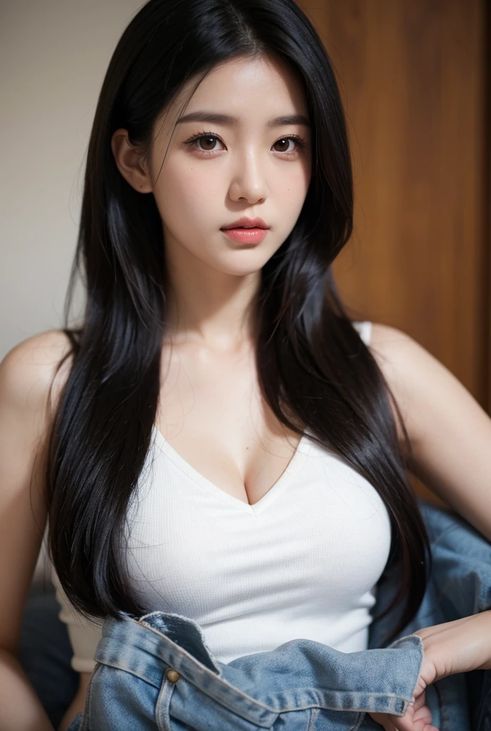 midnight, realistic, High resolution 8k, Complete dynamic configuration, beautiful detailed eyes, normal sized eyes, long straight gray hair, lively and bright lips, big bust, random common poses, Random Casual Outfits, breast swelling, smile, 25 years old, Korean woman, (drooping eyes 1.2), (sagging eyebrows 1.2), very beautiful appearance, slim body, natural makeup, entertainer