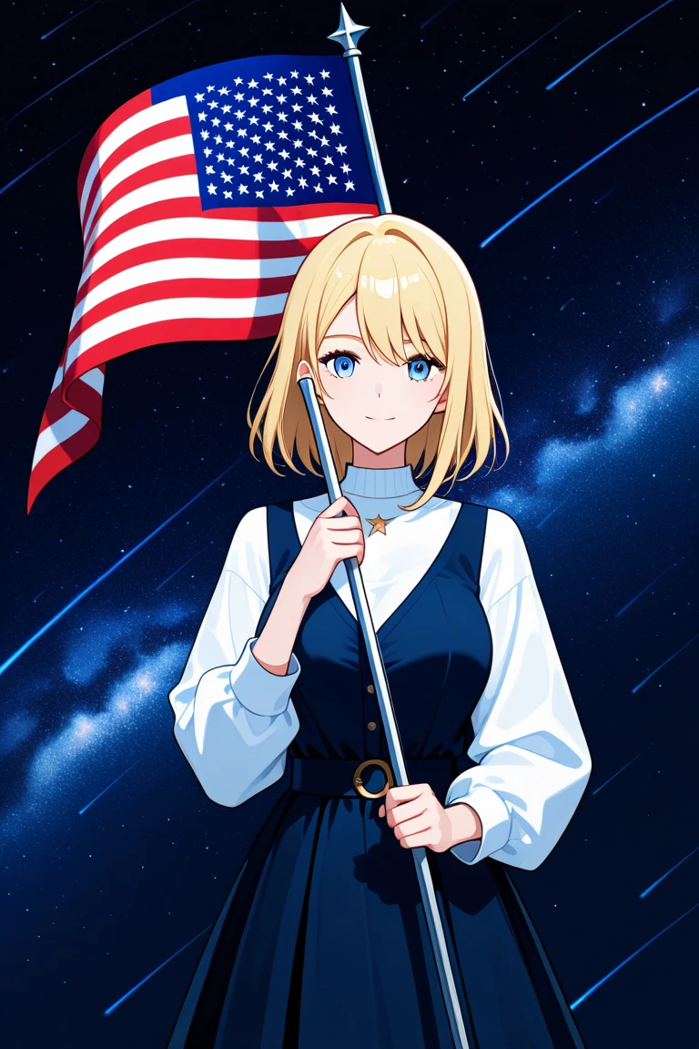 A white female character crying and holding a flag surrendering in a war anime