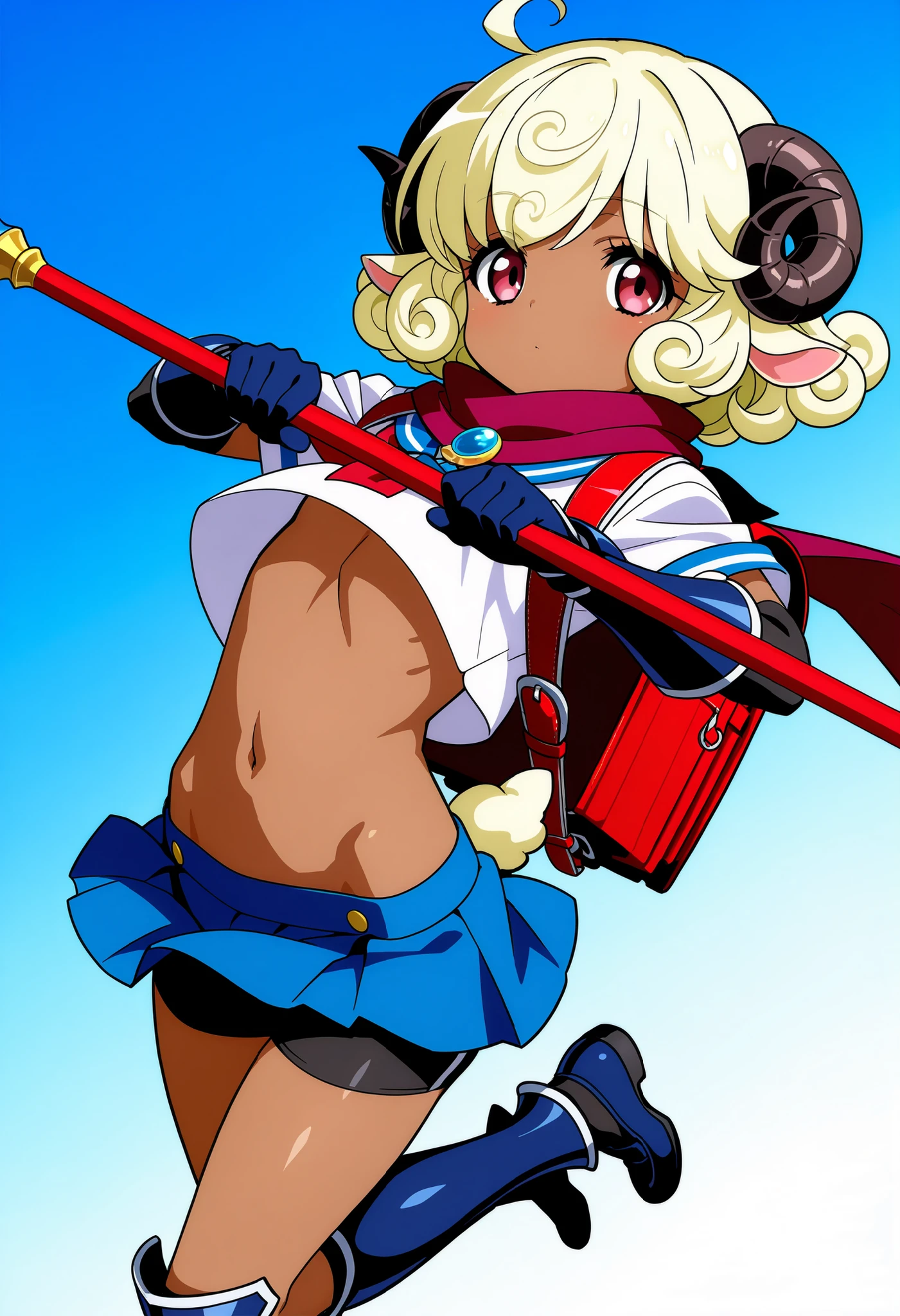 1girl, lambdadelta, pink dress, kneehighs, striped legwear, red shoes, shoe bow, red bows, blond hair, short hair, brown eyes, elbow black gloves, top-down bottom-up, best quality: 1.5, masterpiece, perfect figure, delicate hands, HDR, detailed body, extremely detailed, higres, beautiful girl, summer, large clouds, blue sky, hot weather, perfect body, wet skin, navel, sexy, beautiful waist, desirable, small breasts, shy, bikini, bare shoulders, looking at viewer