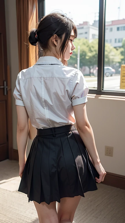 8k, RAW Photos, Highest quality, masterpiece, Realistic, Realistic, (1 Ultimate beauty), high school girlの制服,(Strictly adhere to a composition where only one person appears in the photo)、(On the way to school)(Wear rimless glasses)((high school girl))(((Shirt and flare skirt)))Highly detailed face, (Perfect Teeth), fine grain, double eyelid, eyelash, Lip details, (((Black short bob hair), (((Very large breasts)))Big Breasts,(((Accentuate your cleavage)))(((Random pose)))(((Emphasize the flesh of your buttocks)))((Sexy pose))Cowboy Shot,  Soft Light, ((Written boundary depth)) 
Proceed with caution，((,Japanese women)), (((moderately fleshy body, Tight waist))), (((Rear View, Realistic))Rear View