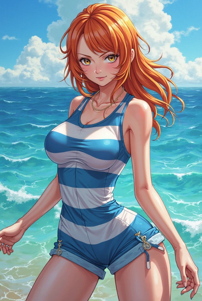 nami from one piece in beach, tall, hot , high res, ultrasharp, 8K, masterpiece, Naked on all fours