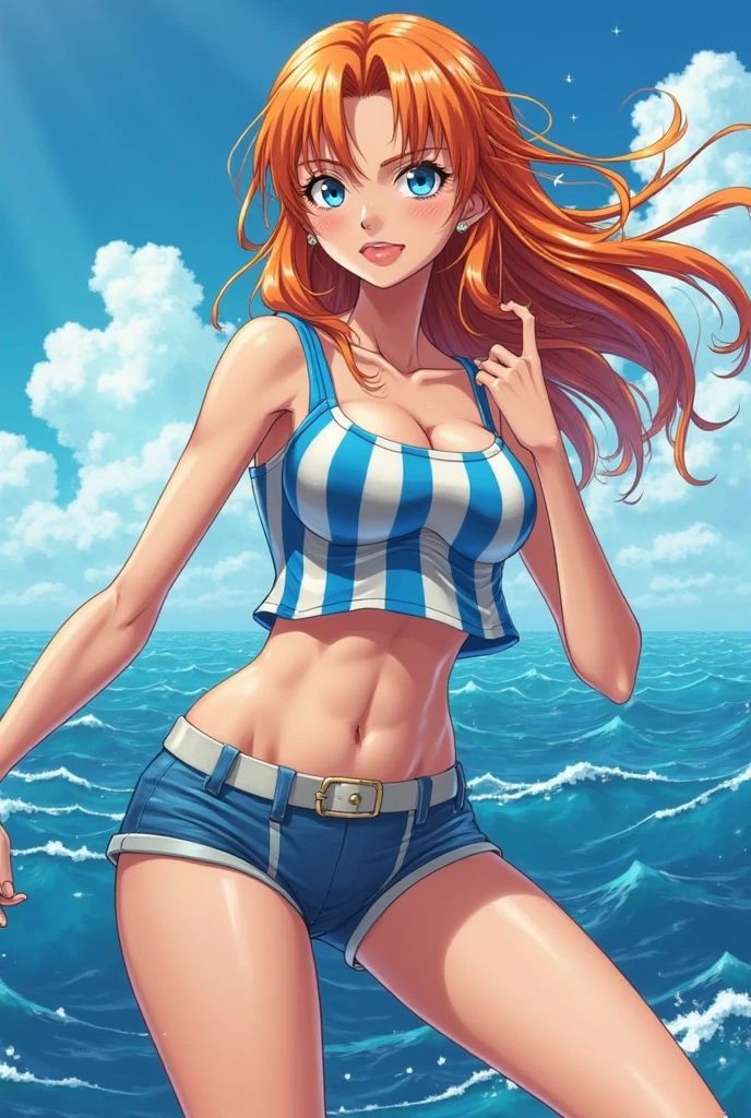 orange hair, fold, braid, long hair, orange eyes, 1girl,swimsuit, jacket, red_jacket, breasts, bikini, navel, ass_visible_through_thighs, looking_at_viewer, o-ring, sky, choker, thigh_gap, outdoors, solo, cloud, day, collarbone, multi-strapped_bikini, black_bikini, bare_shoulders, open_jacket, open_clothes, off_shoulder, cowboy_shot, black_choker, blue_sky, ocean, cleavage, skindentation, lips, medium_breasts, water, stomach, beach, track_jacket, steaming face, steaming,