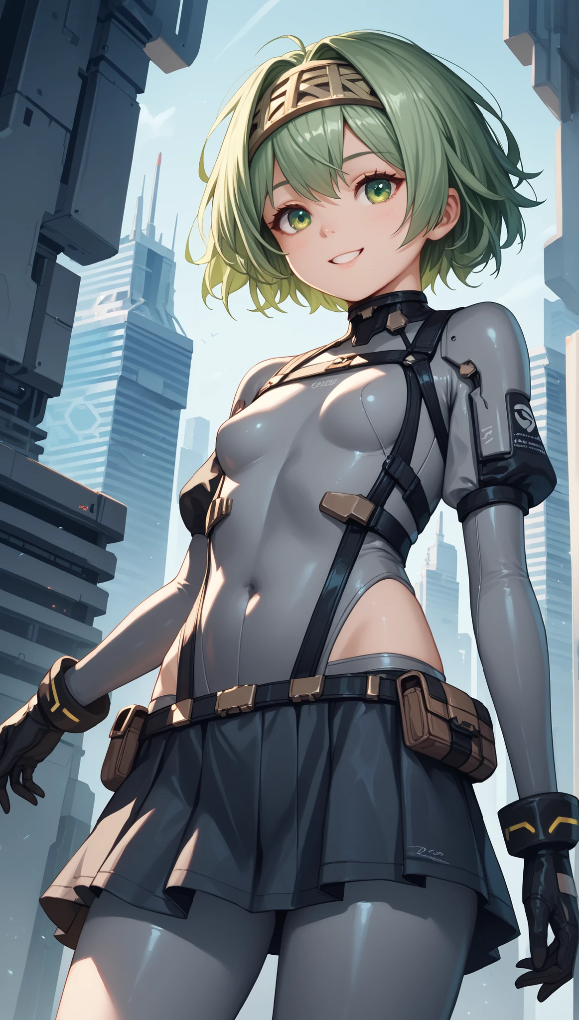  young_1teen,petit_girl, solo, long_shaggy_hair, green_hair, long_bangs,bare_shoulders,short sleeves, (thin_gray_bodysuit), black_harness, green eyes, very_short_front_cutout_skirt, dettached_long_sleeves,gloves, light_smile, in futuristic city, , high quality,crotch, slouch,groin,dynamic_angle,black_headband,small_breasts,