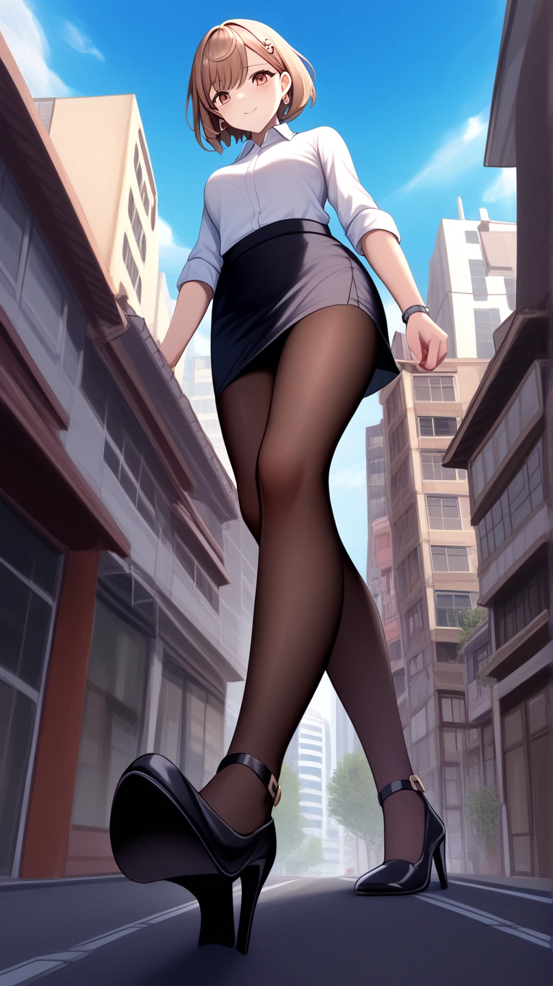 2d, masterpiece, best quality, anime, highly detailed, 1girl, solo, monika, green eyes, very long hair, ponytail, school uniform, straight-on, smile, (full body:1.5), giantess, smile, (from below:1.5), thick thighs, looking down at viewer, upskirt, (large breasts:1.3), field, (looming:1.3), mature female, high quality, hd quality, masterpiece, photorealistic, (presenting foot, shoe soles, close-up foot:1.3), intense angle, :d, (Sitting on Building:1.6), very low angle, female pervert, toragao, (sitting:1.5), (white undershirt, orange sweater:1.2), (brown jacket:1.4), (absolute territory, black thighhighs:1.4), (uwabaki:1.5), full body in frame, (GTSCity, buildings, city:1.3), blue skirt, (hand on building:2), (one hand at side:1.6), (licking lips, licking own lips:1.1), (sweat:1.2), anime girl sitting on a building with her legs crossed, hyperrealistic schoolgirl, realistic schoolgirl, a hyperrealistic schoolgirl, seductive anime girl, smooth anime cg art, thighs close up, thighs!!!, beautiful anime girl squatting, commission for high res, large thighs, extremely detailed artgerm, sitting on a building, on a building,