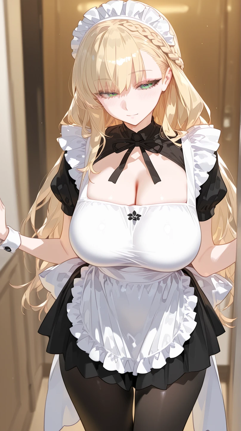 beautiful girl、perfect body、beautiful ample breasts、long blonde hair、((maid))、Looks embarrassed、((Show your panties、I&#39;m seducing you、I'm inviting you to have sex))