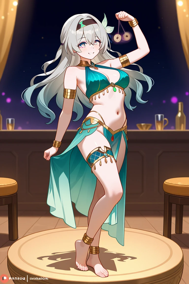 high quality, ultra detailed, best quality, insanely detailed, beautiful, masterpiece, 1girl, (belly dancer:1.1), bar, cowboy shot, red eyes, long hair, light purple hair, purple costume, (pelvic curtain:1.1), bare legs, hair ornament, earrings, armlet, bracelet, bashful smile, dancing, large breasts, cleavage, soft stomach