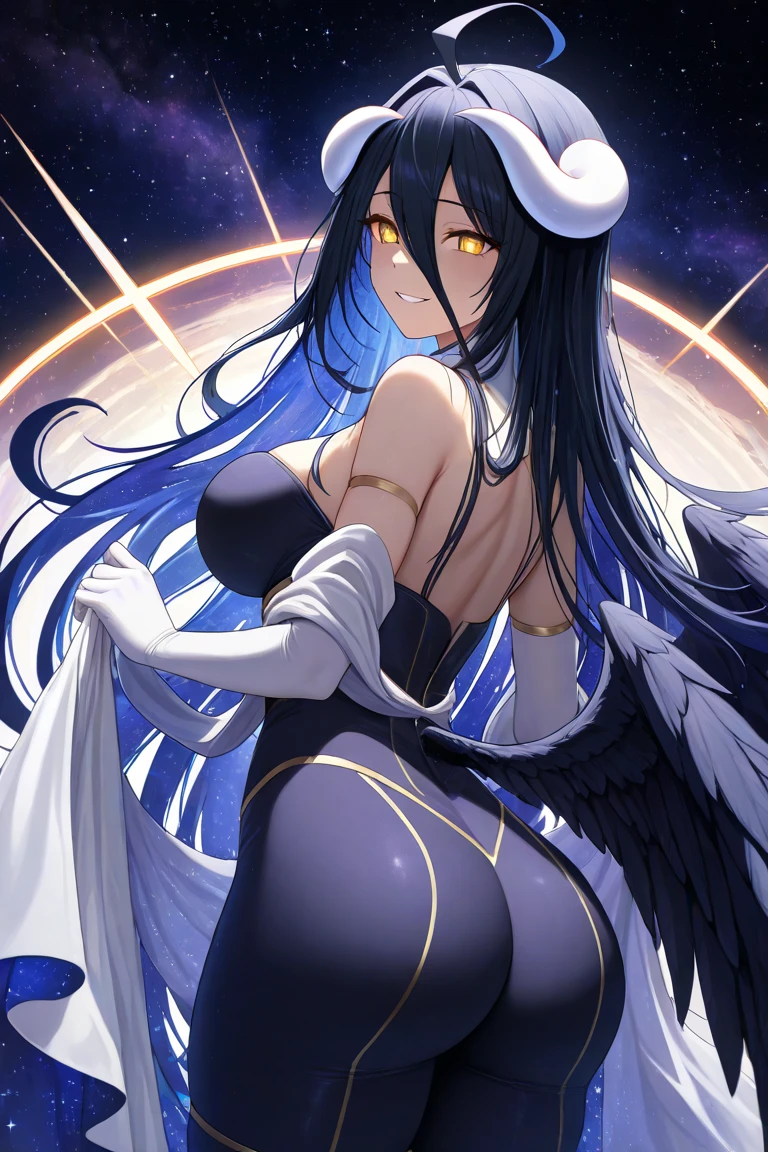 with a dragon appearance and black hair and a white streak, and star details , whole body