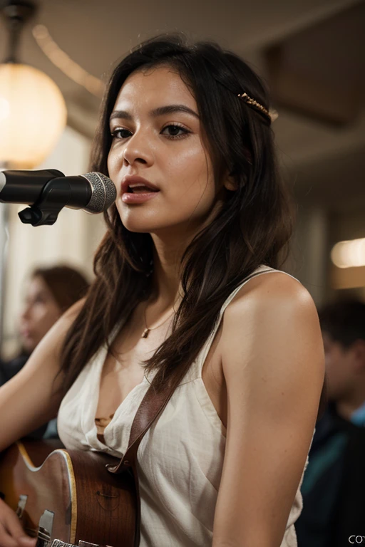 1. Sakira, 19 years old, long wavy black hair, swaying gently as she sings, expressive brown eyes locked onto the viewer, delicate nose, red lips parted in tune with the melody, colorful stage backdrop, realistic performance, vibrant and detailed, wearing a flowing boho-chic dress with matching jewelry, singing passionately into the microphone, full body scene, evoking a sense of emotion and connection in every onlooker.
