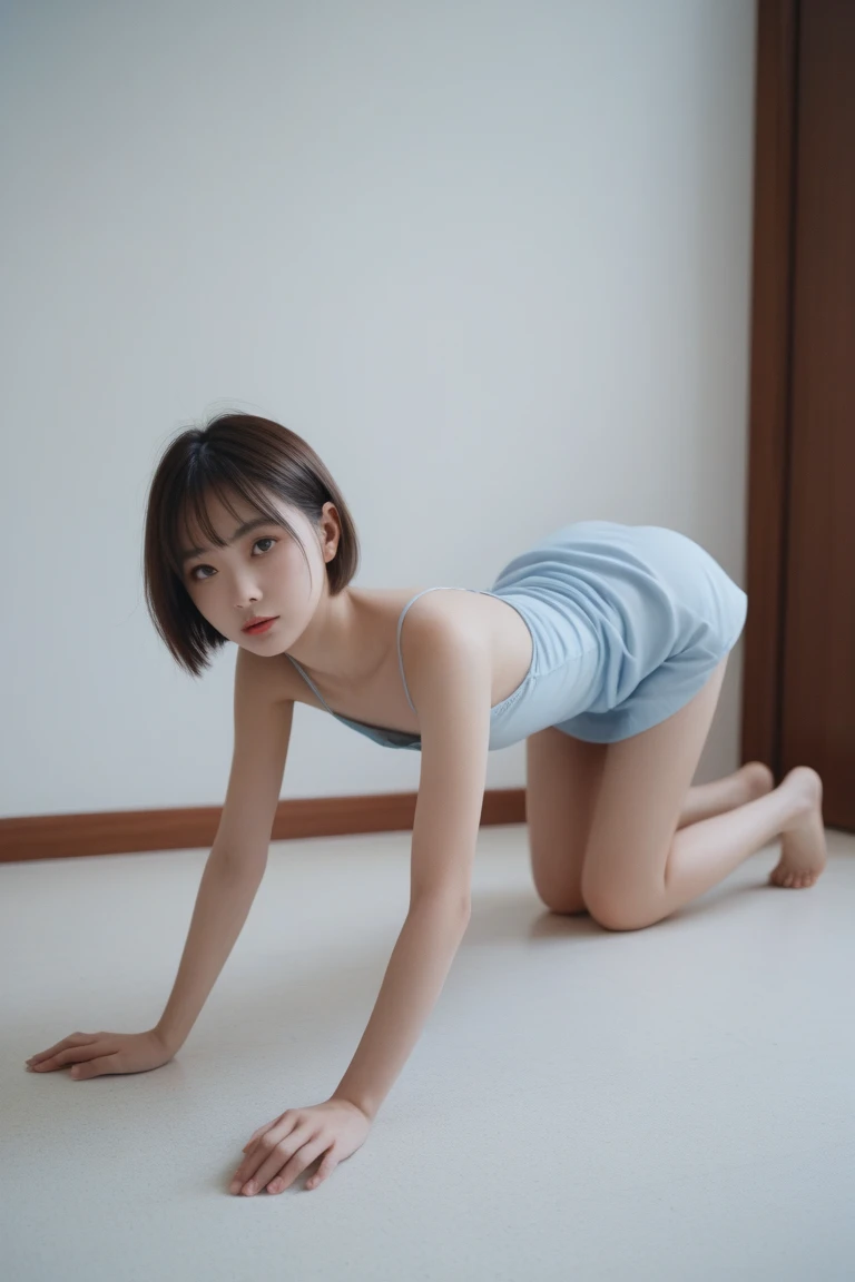 ((((8k))),((Extremely meticulous CG)) ,(wallpaper),16k,((Extremely refined and beautiful)),(((Masterpiece))),(((best qualtiy))),(((Ultra High Resolution))),beautiful light up,Perfect lightning,realistic shaded,((high resolution)),(Smooth and flawless fair skin:1.5),(pale skin:1.3),(Extremely exquisite facial details:1.2),(perfect body:1.1),(ultra-detailed),((A beautiful girl,solo)),(small head:1.2),(short ponytail:1.2),(small face:1.2),(baby face:1.3),(Exquisite makeup:1.2),((strapless,bare back,towering hips,butt crack)),((slim,thin)),(laughing:1.2),(happy:1.2),(light blue yoga tank top:1.3),(yoga shorts:1.3),(slender legs:1.2),(day scene:1.3),(indoor:1.2),(in the living room:1.3),(Gym style decoration style:1.3),(Various fitness equipment:1.3),(detailed background:1.5),(Sitting on the treadmill:1.3),(upper body:1.3),(from back:1.3)