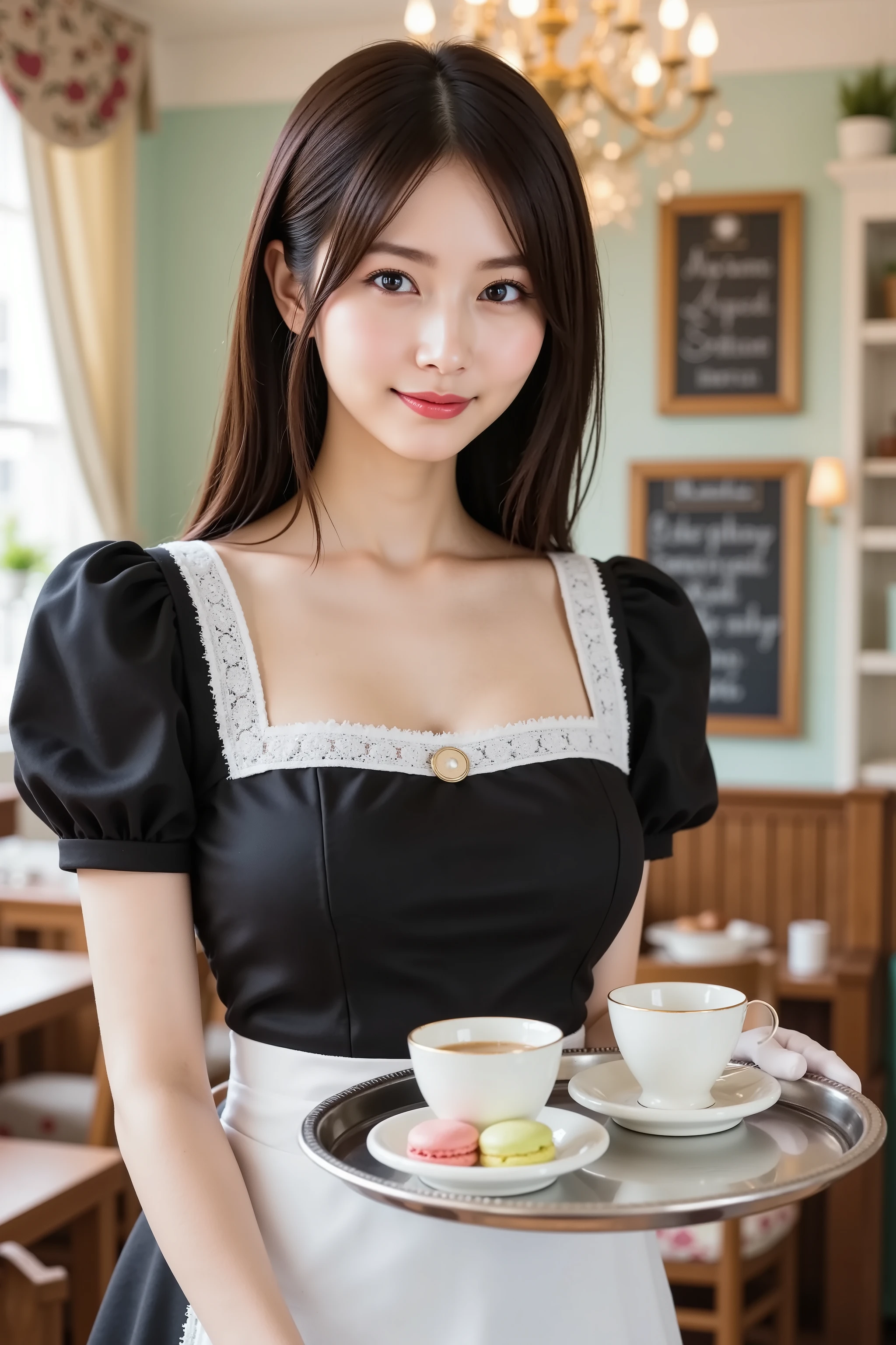 firm and big breasts, cleavage, A realistic photographic composition framed from just below the shoulders of a female server standing in a maid café interior, ensuring her entire head is fully visible within the frame without any cropping. She holds a polished round silver serving tray with porcelain teacups, a teapot, and a plate of macarons balanced on her gloved left hand. The subject wears a tailored black cotton blend dress with a square neckline trimmed with white lace, short puffed sleeves edged with lace, and a line of small fabric-covered buttons down the front. A crisp white apron with frilled straps crosses at the back and ties in a bow at the waist, its skirt portion falling just below the bottom of the frame. A detachable lace collar fastened by a pearl button rests at the nape, and white latex gloves cover her hands. Warm ambient lighting from vintage chandeliers and wall sconces casts gentle highlights on ceramic and fabric surfaces. Behind her, the café background features pastel walls adorned with framed chalkboard menus in elegant script, wooden tables and chairs with floral seat cushions, glass display cases with colorful pastries, decorative fabric bunting strung from ceiling beams, a vintage cash register on a wooden counter, small potted plants on shelves, and lace curtains at windows, all softly blurred by a shallow depth of field created with an 85 mm equivalent prime lens at f/2.2 on a full-frame sensor, producing smooth circular bokeh. The décor blends Victorian-inspired ornamentation and modern cozy accents. The color balance is neutral with accurate white point calibration, faithfully rendering black, white, and pastel tones while preserving natural skin tones and metallic tray sheen. just below the shoulders